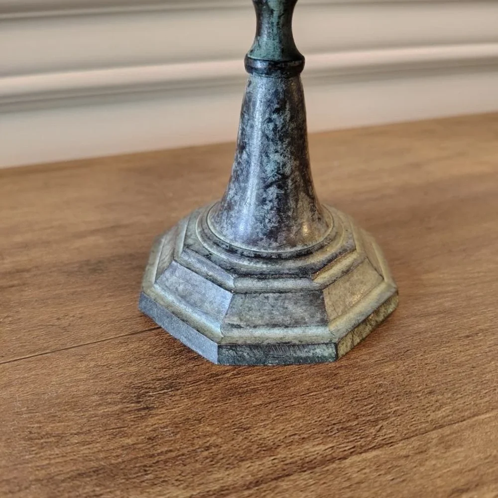 Vtg Candle Holder Verdigris Green Black Metal Pedestal Taper Candle Stand Goth